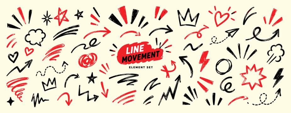 Hand drawn movement line element set with chalk effect strokes, doodle arrows, emphasis marks, shock rays, sparkles and cartoon motion decoration shapes vector illustration