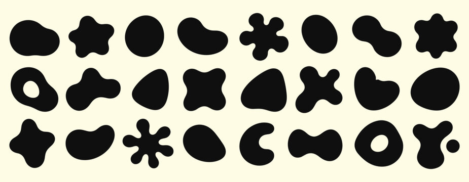 Organic liquid blob shape set with soft rounded forms, irregular wavy curves, abstract fluid frames, oval spots and modern freeform background elements vector illustration