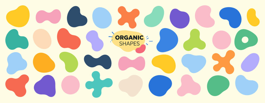 Abstract organic blob shape collection with rounded liquid forms, irregular curves, soft wavy frames, fluid oval elements and trendy freeform shapes vector illustration