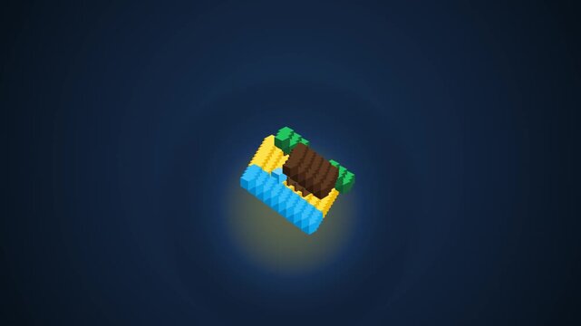 Building Blocks assembling a floating object with light effect, 3D animation