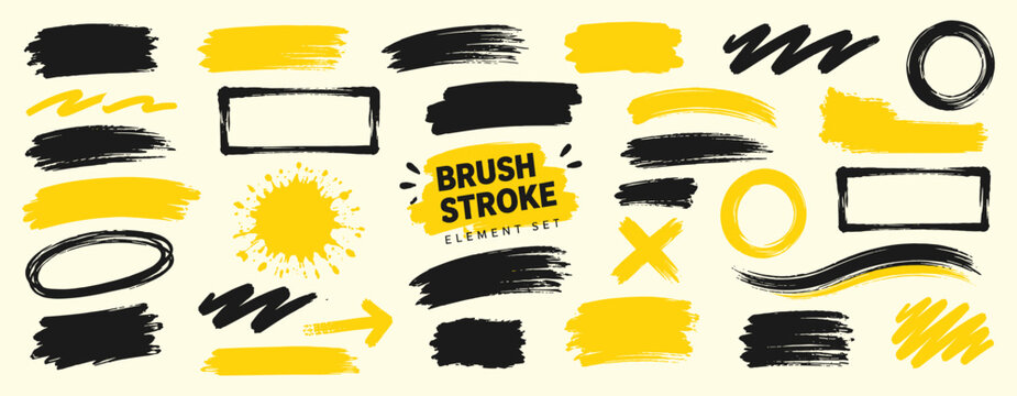 Hand drawn brush stroke paint set with dry ink textures, grunge marker swashes, watercolor style frames, abstract banners, scratch shapes and artistic vector illustration