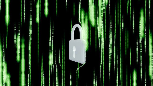 Green digital code background with white padlock symbol forming seamless loop for cybersecurity, encrypted data flow, digital security, privacy, and protected information online