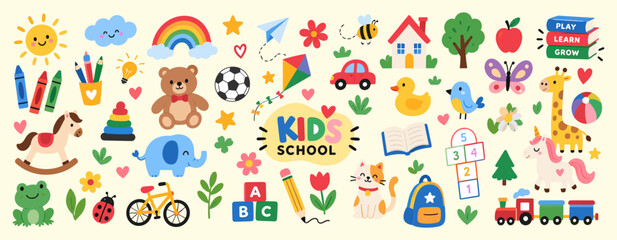 Fototapeta premium Cute kindergarten doodle set with preschool school elements, toys, animals, flowers, rainbow, clouds and playful hand drawn childhood activity icons vector illustration