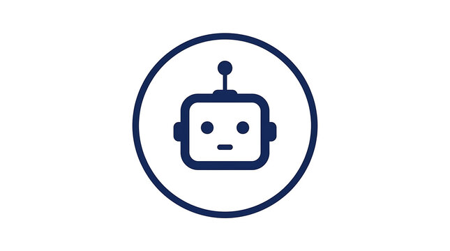 Minimalist dark blue robot head icon, chatbot or artificial intelligence line art logo in a circle