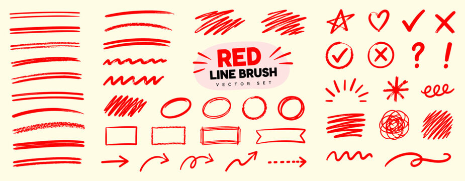 Red hand drawn underline brush stroke set with pencil style marks, marker highlights, scribble lines, strike through accents, rough ink textures and grunge vector illustration