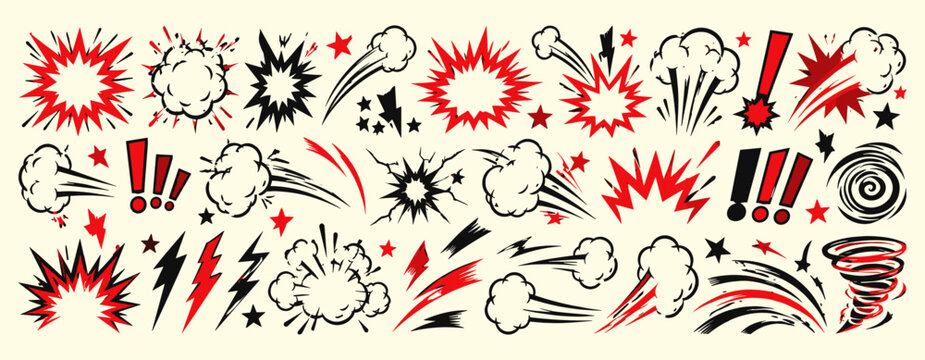 Comic explosive effect element set with speed lines, action bursts, boom clouds, impact flashes, smoke and hand drawn cartoon motion symbols vector illustration