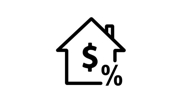 Line art house icon, dollar sign, percentage sign and white background.4k video animation concept.