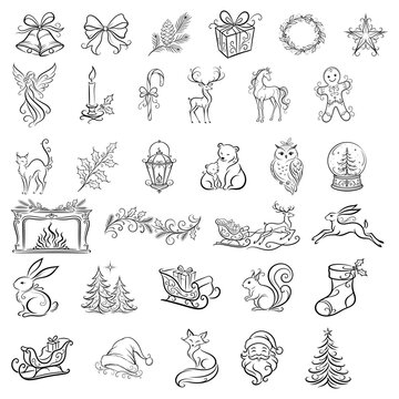 Christmas Animals Decor Line Art Set, Calligraphy Reindeer Angel Bell Candle Candy Cane Gingerbread Man Fireplace Fox Vector Line Drawing Silhouette Pack Isolated On Transparent Background