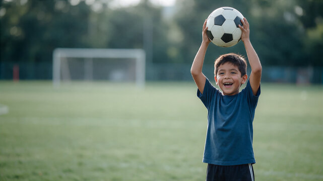 European football, concept of accessible sport, and support for school teams, an eight year old Mexican-American boy on a soccer field holds a soccer ball high above his head with both hands