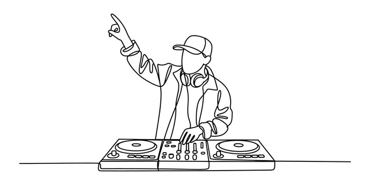 Continuous line drawing Dj playing music on a turntable console with hand pointing up in the air