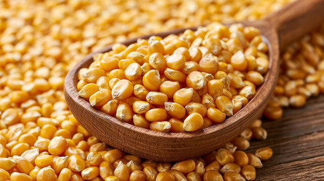 A wooden spoon filled with golden corn kernels rests on a rustic table. Perfect for agricultural supply and healthy food concepts.