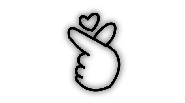 Korean finger heart positive gesture hand-drawn cartoon graphic with chalk outline mini heart and love notification icon isolated on white background.4k video
