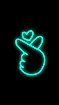 Korean finger heart positive gesture hand-drawn cartoon graphic. Black handwriting and cyan background.4k video