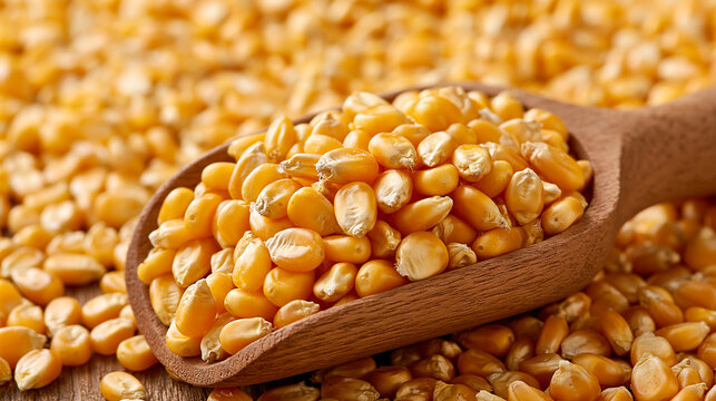Raw corn kernels in a wooden scoop over a pile of grain. Ideal for agricultural industry and healthy food product marketing.