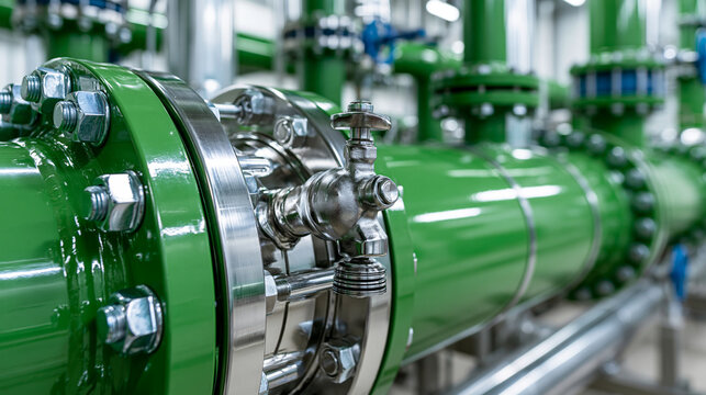 Industrial green metal pipes with bolted flanges and valves in a manufacturing plant. This facility serves as a concept for energy infrastructure and engineering technology.