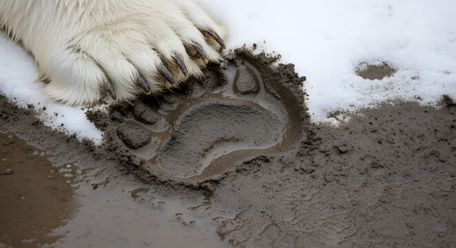 Polar bear paw with sharp claws next to fresh paw print track in wet mud and snow
