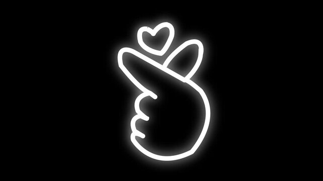 Korean finger heart positive gesture hand-drawn and love notification icon isolated on black background.4k video animation concept.