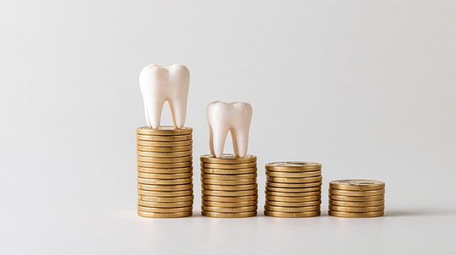 White teeth models placed on decreasing stacks of gold coins isolated on white background. Concept of dental insurance costs and expensive health care services.