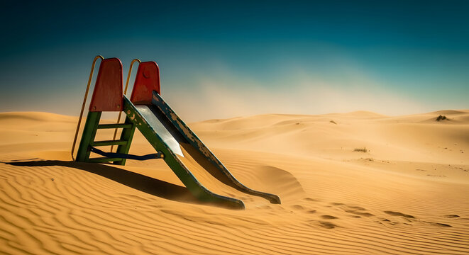 Surreal Image of an Abandoned Colorful Children's Playground Slide Standing Alone in a Vast Sandy Desert Landscape under Blue Sky