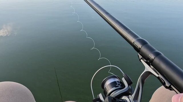 A person's hands adjust a fishing rod reel in close-up, turning the handle and touching the drag knob while the rod tip moves slightly above calm water in natural outdoor daylight.
