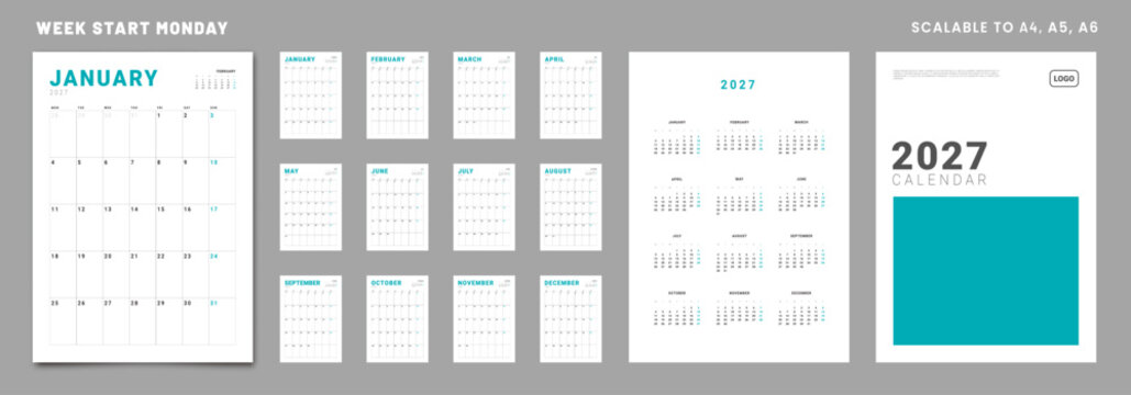 2027 Calendar Planner Set of Template Monthly Pages, Cover with Place for Photo, Company Logo Annual 2027. Vector layout grid vertical of wall or desk organizer. Week start Monday. Page A4 ready print