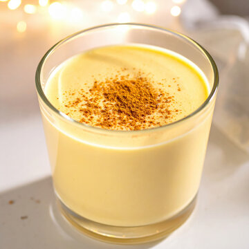 Creamy custard drink in glass with cinnamon topping, warm light, and festive bokeh creating cozy holiday atmosphere