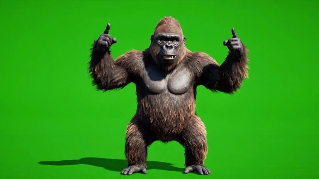 Funny brown gorilla dances with realistic fur and fun movements in a lively setting