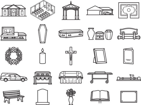 A collection of monochrome line art icons representing elements associated with funerals and remembrance, including buildings, caskets, urns, vehicles, and memorial symbols.