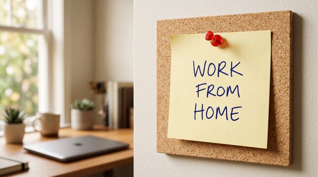 Work from home note pinned on cork board with corkboard