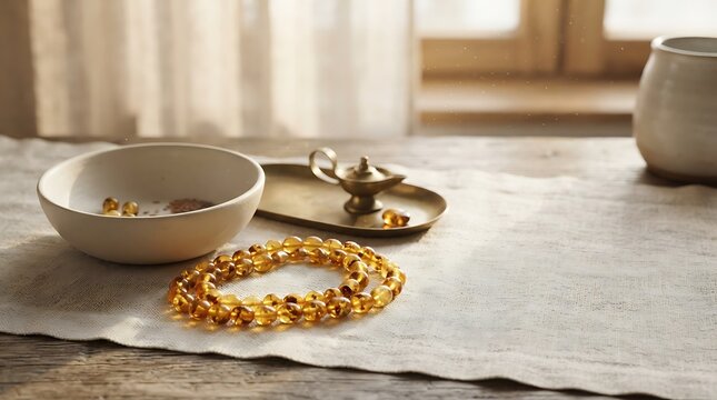 A peaceful tabletop arrangement with amber beads used for adkar, prayer, and quiet spiritual reflection