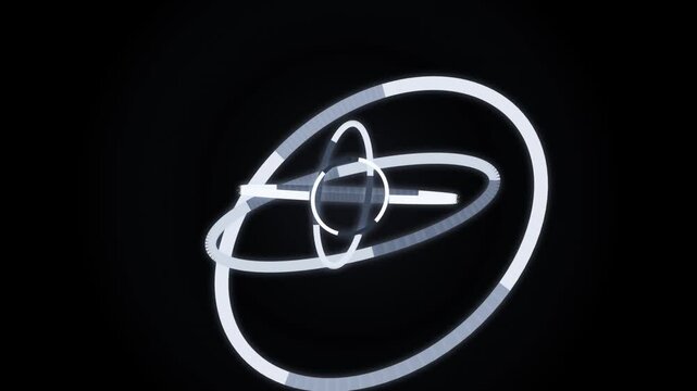 Futuristic spinning gyroscope with glowing white rings, abstract 3D rotating orbital spheres, high-tech motion graphics for science and technology