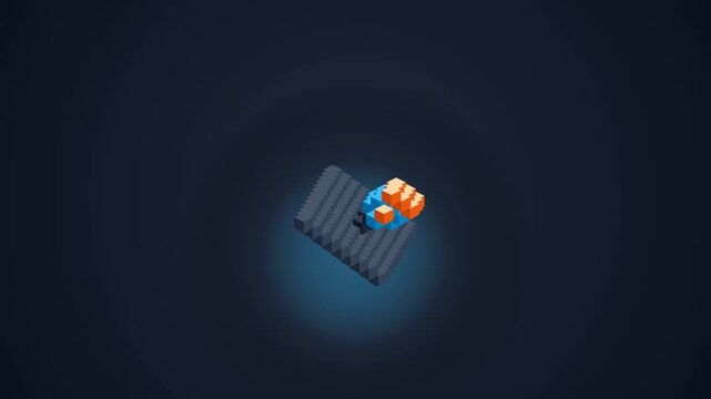 Abstract 3D building blocks assemble and form a structure on dark background