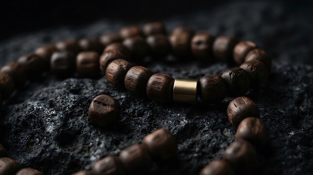 A close-up shot of wooden prayer beads used for adkar, resting on a dark textured background with soft focus
