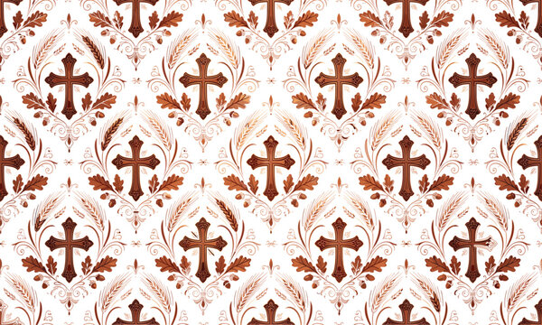 Christian Cross Autumn Harvest Oak Leaves Seamless Pattern Vector