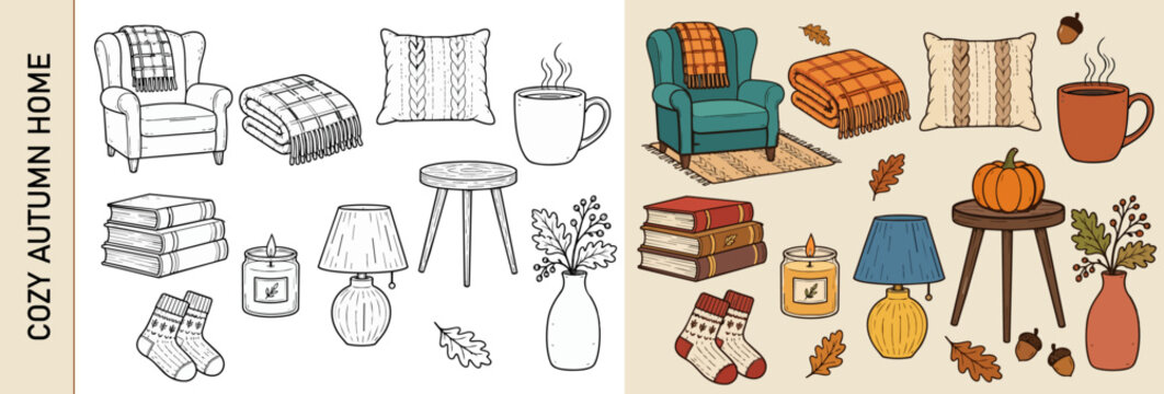 Cozy autumn home doodle vector set with armchair, blanket and warm decor