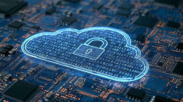 A glowing digital cloud icon with a padlock over a blue computer circuit board. Ideal for cybersecurity and cloud computing technology concepts.