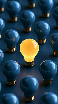 A single glowing yellow light bulb stands out among many dark blue bulbs. This visual represents innovation and creative thinking for business strategy.