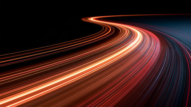 Vibrant curved light trails streak through a dark space with dynamic motion blur. Great concept for technology and speed backgrounds.