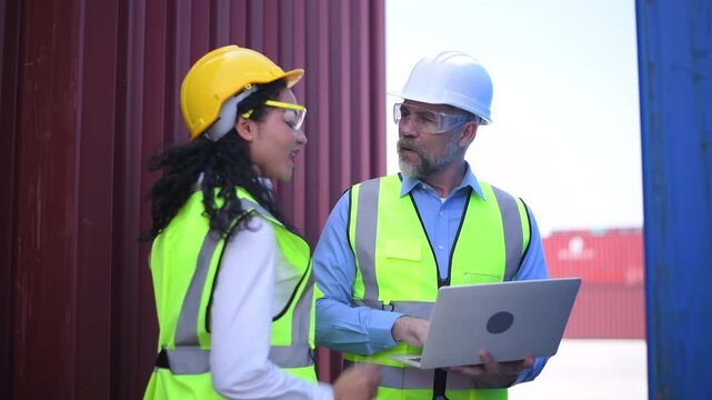 Engineers wearing safety helmets and high visibility clothing discussing logistics and inspecting shipping terminal representing container management freight.