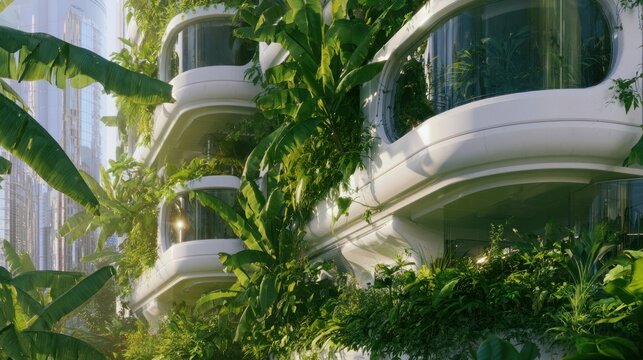 Futuristic green architecture with lush vegetation.