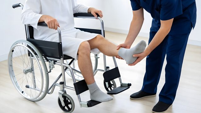 Nurse assisting patient with compression sock in wheelchair
