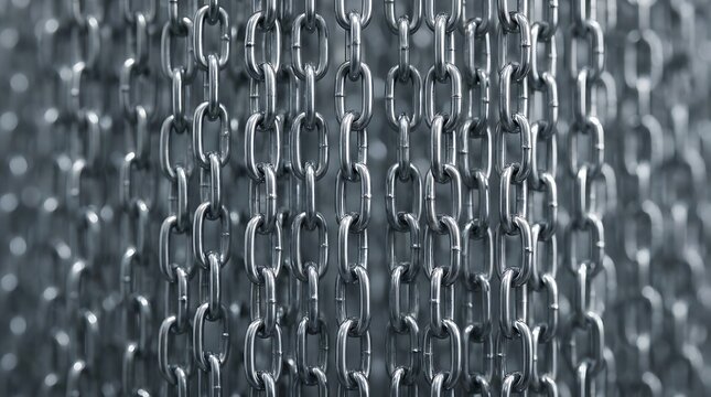 Close-up of interlocking metal chains hanging in a vertical pattern