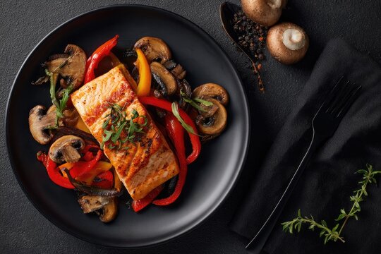 Pan-seared salmon fillet atop saut?ed bell peppers and mushrooms on a black plate