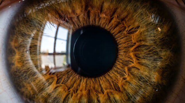 Extreme close up of a human eye with window reflection in pupil