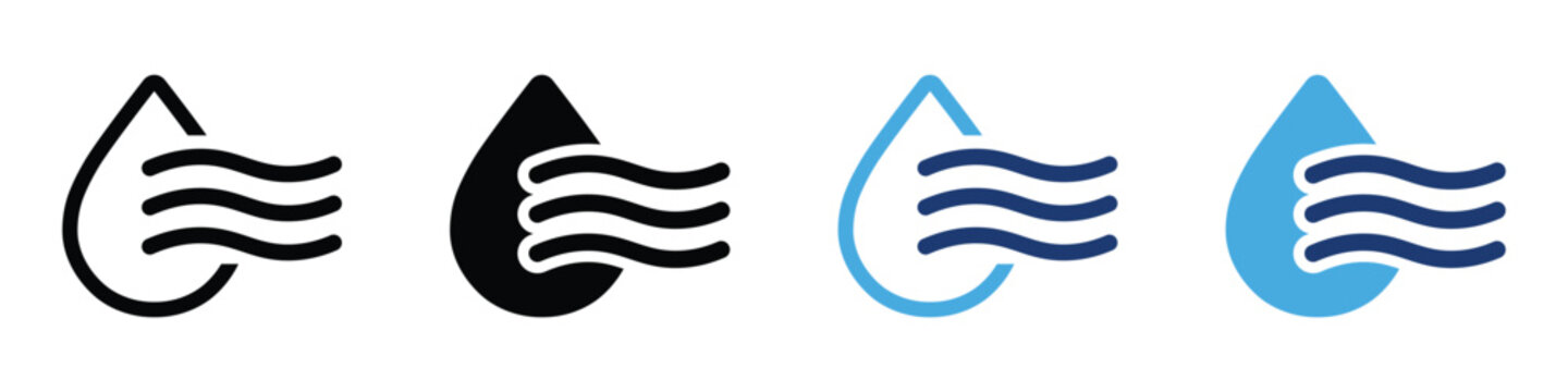 Evaporation and quick dry icon set with water droplet, wind waves and airflow symbols for moisture, humidity, ventilation, drying and climate control. Vector illustration and transparent png