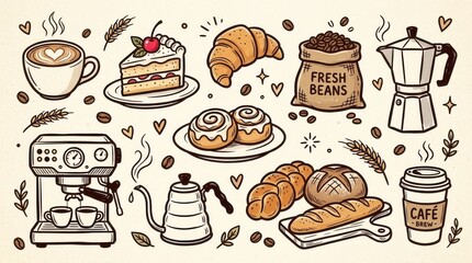 Fototapeta premium Hand-Drawn Coffee and Bakery Illustration Set with Espresso Machine, Pastries, and Bread Doodles on Vintage Background