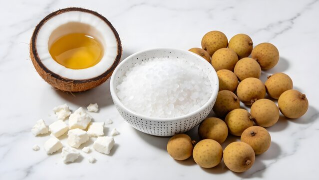 Flat lay of coconut oil, white salt, longan fruits, and cubes on marble