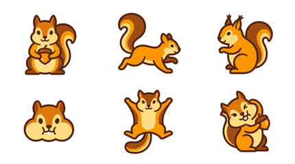 Obraz premium Cute cartoon squirrel icon set featuring playful wild forest animals chipmunk holding acorn vector graphic