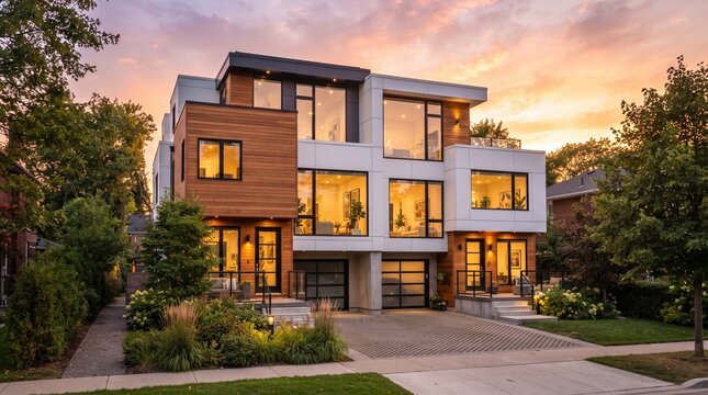 Modern duplex home exterior with large windows at sunset