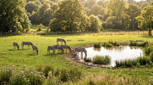 Herd of zebras drinking water and grazing on lush green pasture around pond, representing African wildlife, natural safari habitat, and wild animal conservation